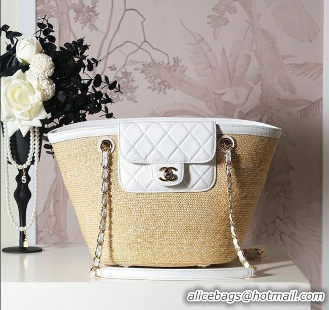 Hot Style Chanel Raffia Straw and Calfskin Large Shopping Bag AS5951 Beige/White 2025