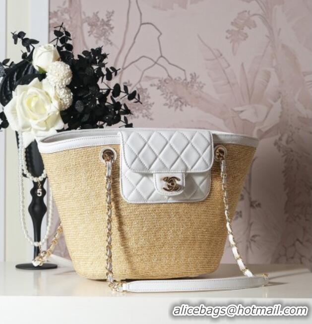 Hot Style Chanel Raffia Straw and Calfskin Large Shopping Bag AS5951 Beige/White 2025