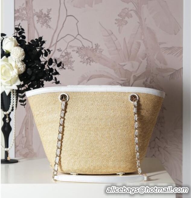 Hot Style Chanel Raffia Straw and Calfskin Large Shopping Bag AS5951 Beige/White 2025