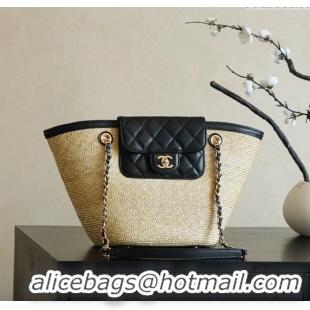 Modern Classic Chanel Raffia Straw and Calfskin Large Shopping Bag AS5951 Beige/Black 2025