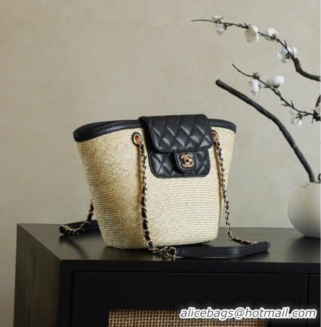 Modern Classic Chanel Raffia Straw and Calfskin Large Shopping Bag AS5951 Beige/Black 2025