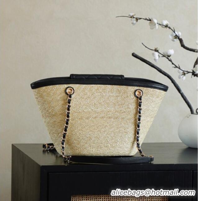 Modern Classic Chanel Raffia Straw and Calfskin Large Shopping Bag AS5951 Beige/Black 2025