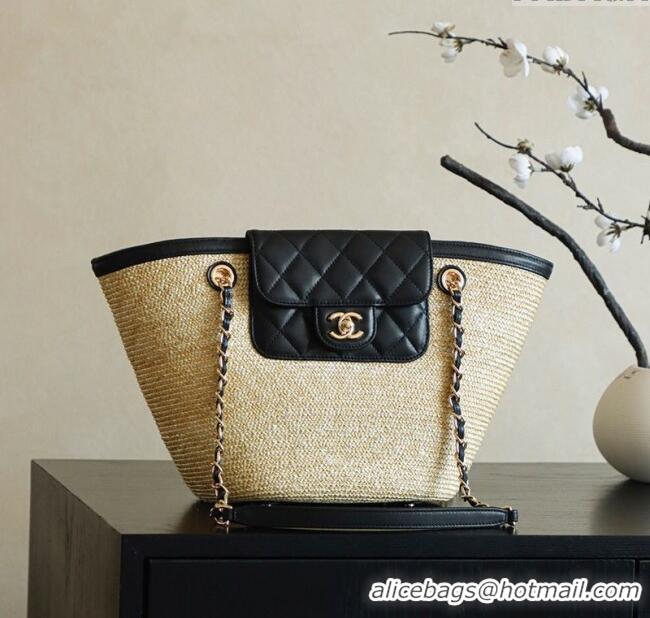 Modern Classic Chanel Raffia Straw and Calfskin Large Shopping Bag AS5951 Beige/Black 2025