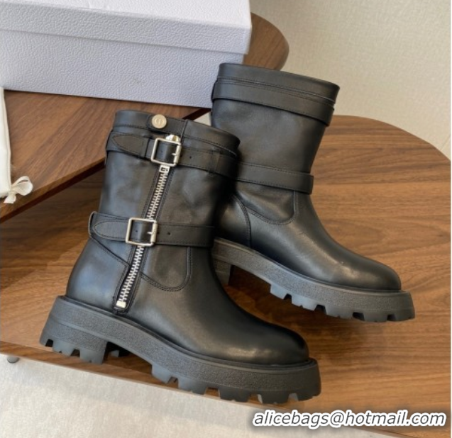 Good Product Dior D-Major Ankle Boots in Black Calfskin Leather with Zip and Buckle DR082104 0822063