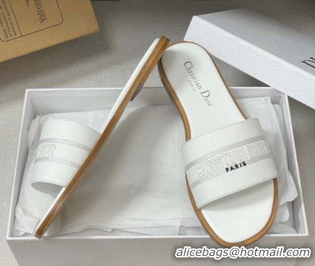 Best Grade Dior Dway Flat Slides Sandal in Grained Calfskin Leather White 0822065
