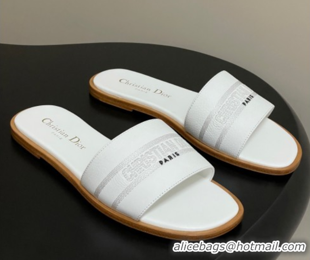 Best Grade Dior Dway Flat Slides Sandal in Grained Calfskin Leather White 0822065