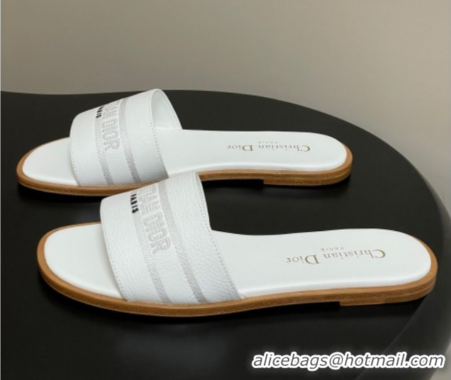 Best Grade Dior Dway Flat Slides Sandal in Grained Calfskin Leather White 0822065