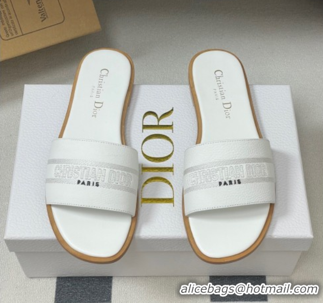 Best Grade Dior Dway Flat Slides Sandal in Grained Calfskin Leather White 0822065