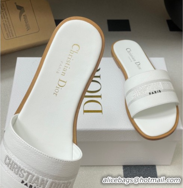 Best Grade Dior Dway Flat Slides Sandal in Grained Calfskin Leather White 0822065