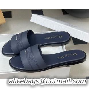 Low Price Dior Dway Flat Slides Sandal in Grained Calfskin Leather Deep Blue 50822066