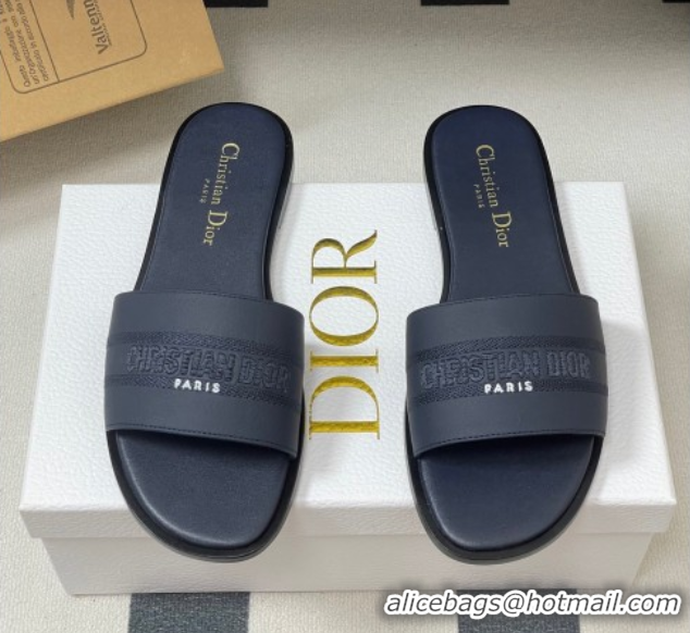 Low Price Dior Dway Flat Slides Sandal in Grained Calfskin Leather Deep Blue 50822066