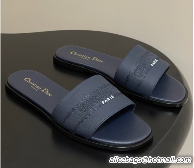 Low Price Dior Dway Flat Slides Sandal in Grained Calfskin Leather Deep Blue 50822066