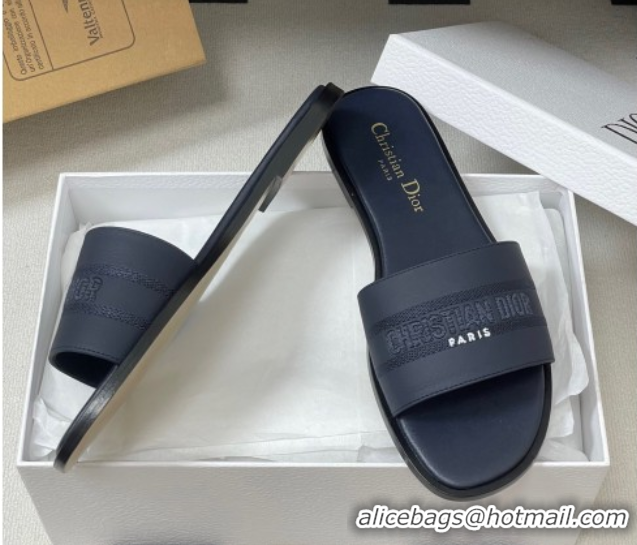 Low Price Dior Dway Flat Slides Sandal in Grained Calfskin Leather Deep Blue 50822066