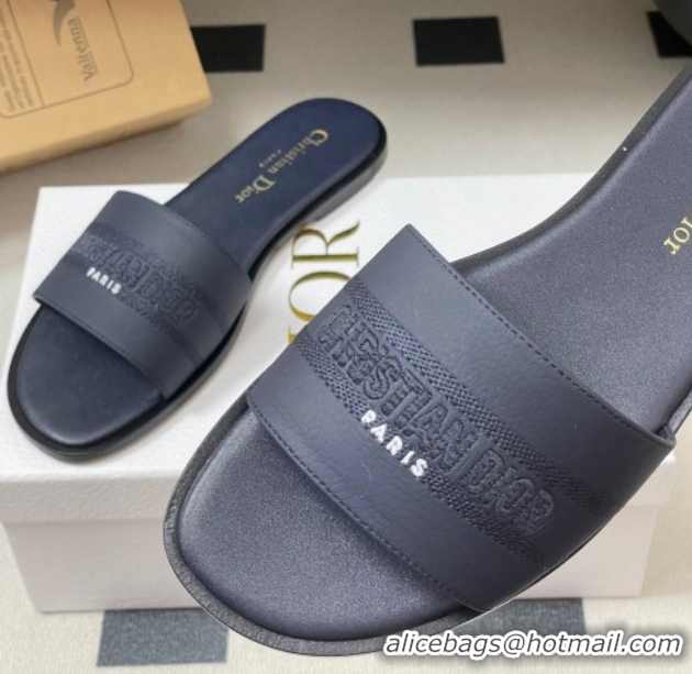 Low Price Dior Dway Flat Slides Sandal in Grained Calfskin Leather Deep Blue 50822066