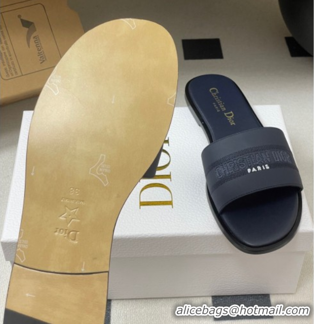 Low Price Dior Dway Flat Slides Sandal in Grained Calfskin Leather Deep Blue 50822066