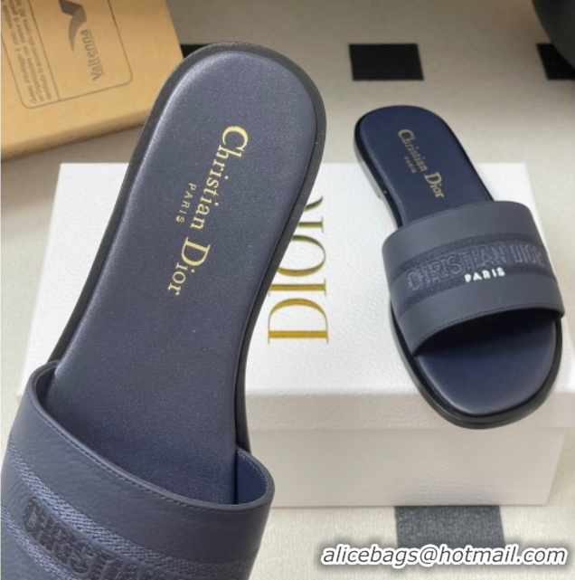 Low Price Dior Dway Flat Slides Sandal in Grained Calfskin Leather Deep Blue 50822066