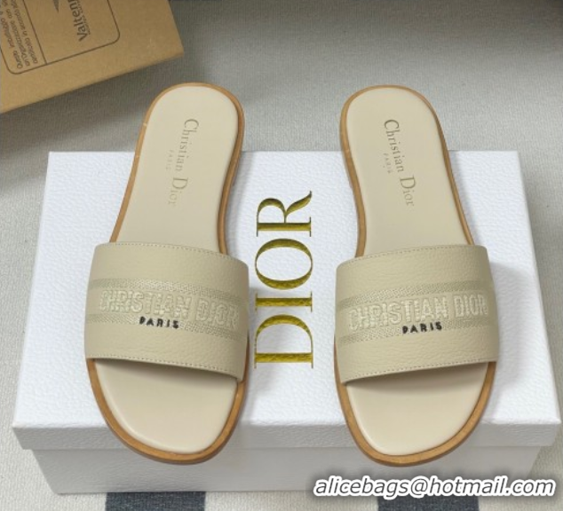 Charming Dior Dway Flat Slides Sandal in Grained Calfskin Leather Light Beige 50822067