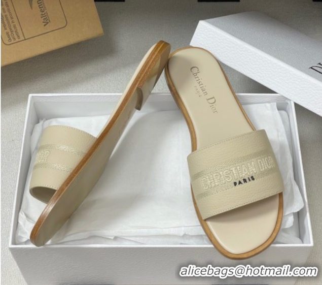 Charming Dior Dway Flat Slides Sandal in Grained Calfskin Leather Light Beige 50822067