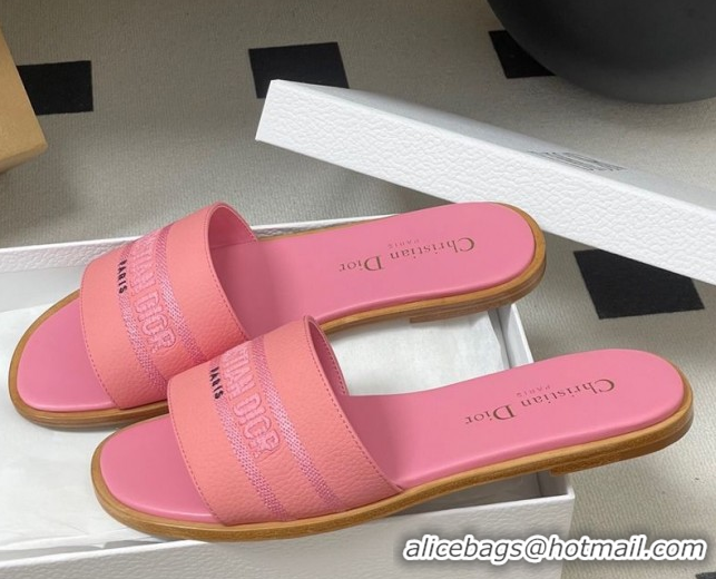 Shop Duplicate Dior Dway Flat Slides Sandal in Grained Calfskin Leather Pink 50822069