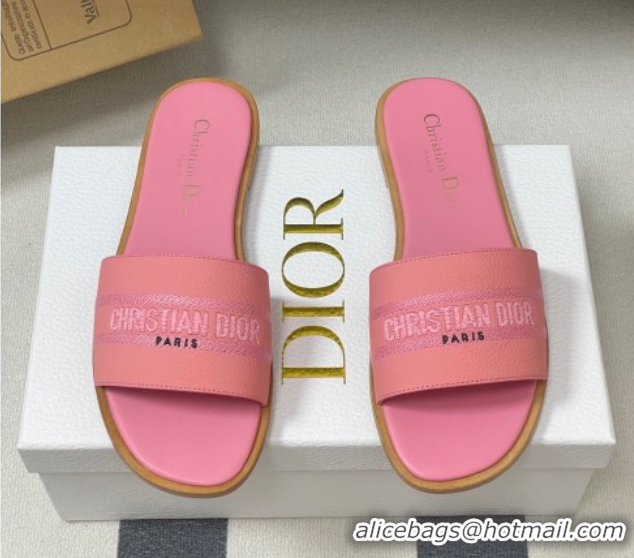 Shop Duplicate Dior Dway Flat Slides Sandal in Grained Calfskin Leather Pink 50822069