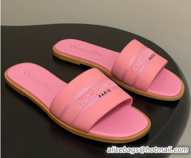 Shop Duplicate Dior Dway Flat Slides Sandal in Grained Calfskin Leather Pink 50822069