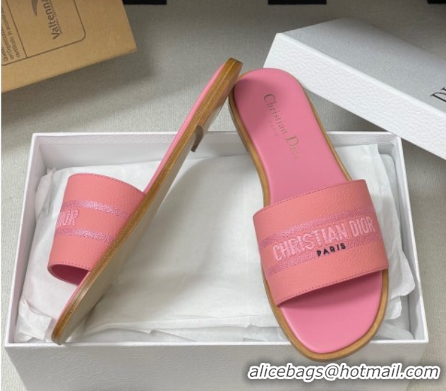Shop Duplicate Dior Dway Flat Slides Sandal in Grained Calfskin Leather Pink 50822069