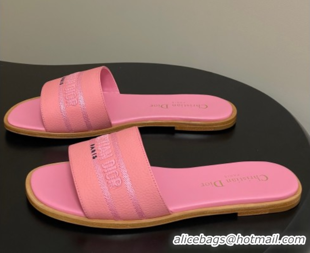 Shop Duplicate Dior Dway Flat Slides Sandal in Grained Calfskin Leather Pink 50822069