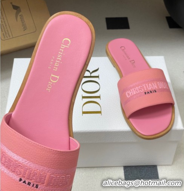 Shop Duplicate Dior Dway Flat Slides Sandal in Grained Calfskin Leather Pink 50822069