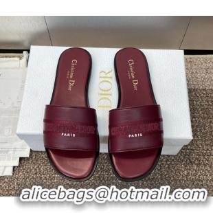 Good Quality Dior Dway Flat Slides Sandal in Grained Calfskin Leather Burgundy 0822070