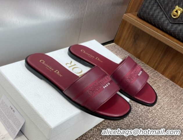Good Quality Dior Dway Flat Slides Sandal in Grained Calfskin Leather Burgundy 0822070