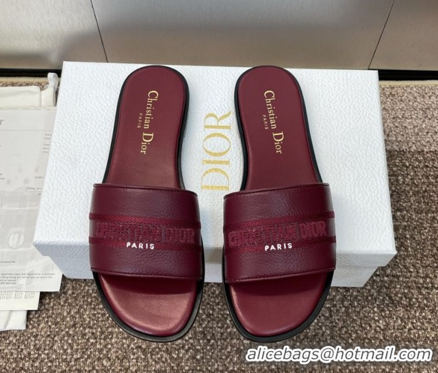 Good Quality Dior Dway Flat Slides Sandal in Grained Calfskin Leather Burgundy 0822070