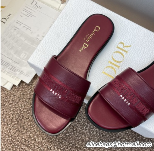 Good Quality Dior Dway Flat Slides Sandal in Grained Calfskin Leather Burgundy 0822070