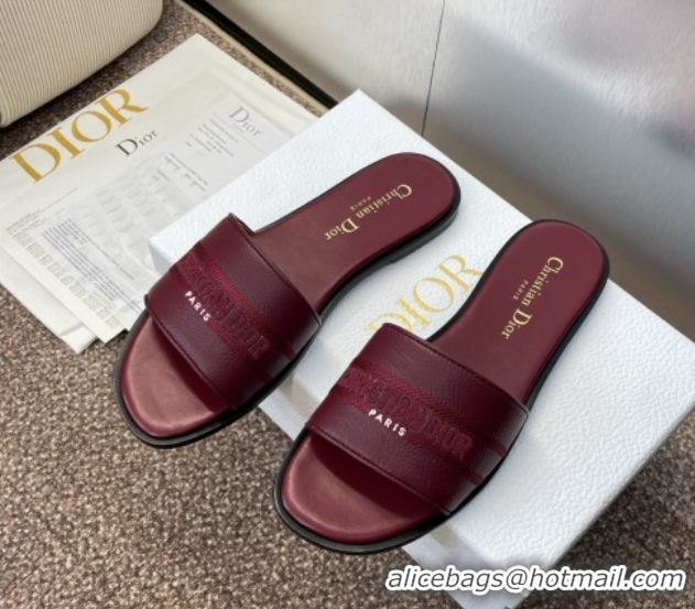 Good Quality Dior Dway Flat Slides Sandal in Grained Calfskin Leather Burgundy 0822070