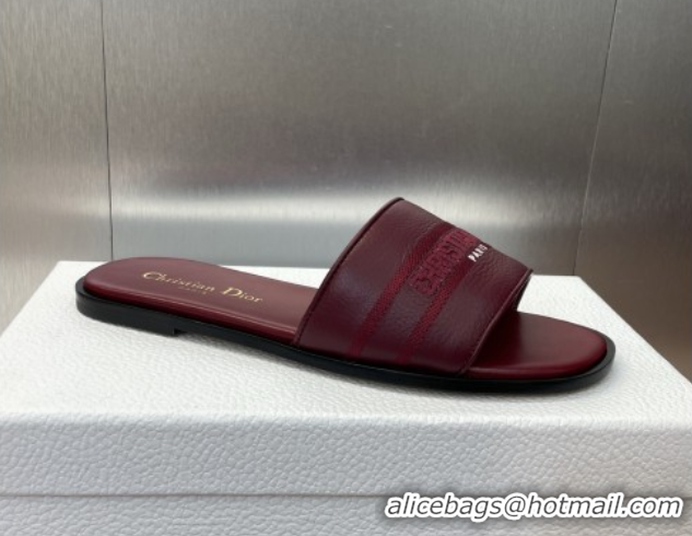Good Quality Dior Dway Flat Slides Sandal in Grained Calfskin Leather Burgundy 0822070