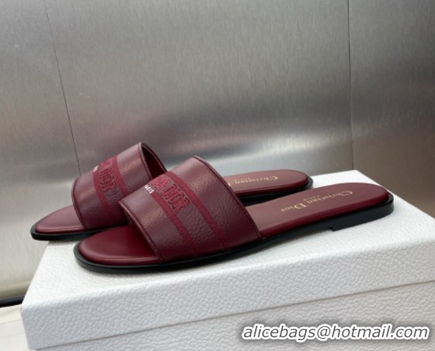 Good Quality Dior Dway Flat Slides Sandal in Grained Calfskin Leather Burgundy 0822070