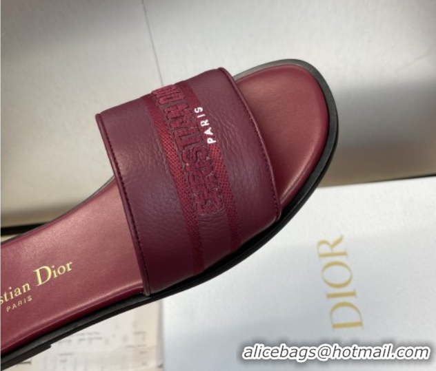 Good Quality Dior Dway Flat Slides Sandal in Grained Calfskin Leather Burgundy 0822070