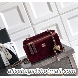 New Luxury Chanel Velvet Vanity Case with Chain and Strass Ball CH101007 Burgundy 2025