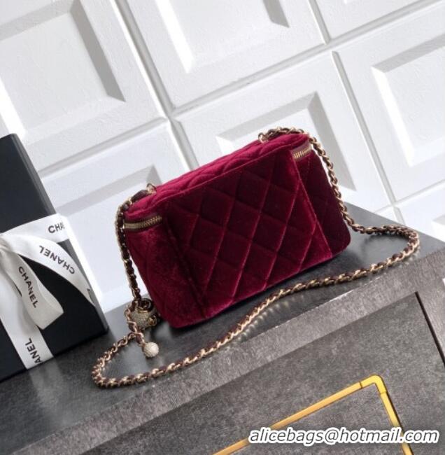 New Luxury Chanel Velvet Vanity Case with Chain and Strass Ball CH101007 Burgundy 2025