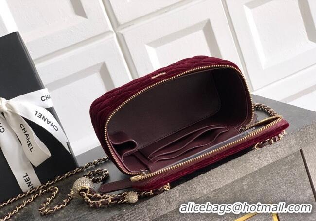 New Luxury Chanel Velvet Vanity Case with Chain and Strass Ball CH101007 Burgundy 2025