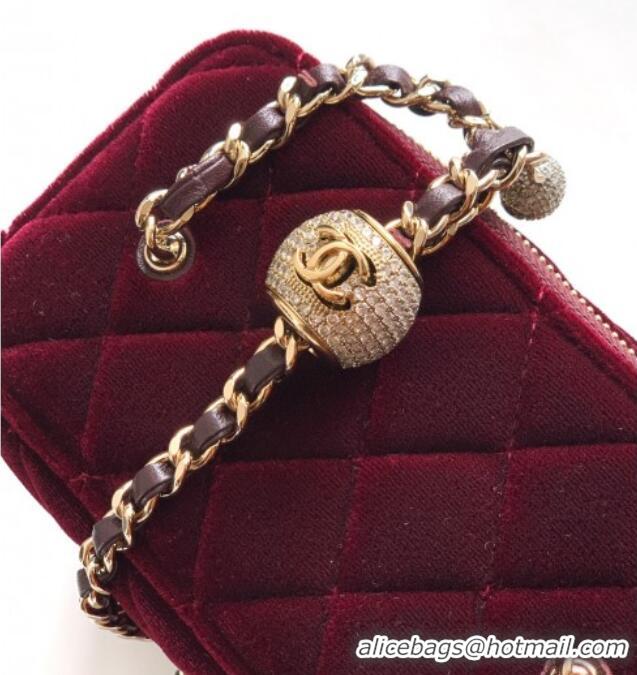 New Luxury Chanel Velvet Vanity Case with Chain and Strass Ball CH101007 Burgundy 2025