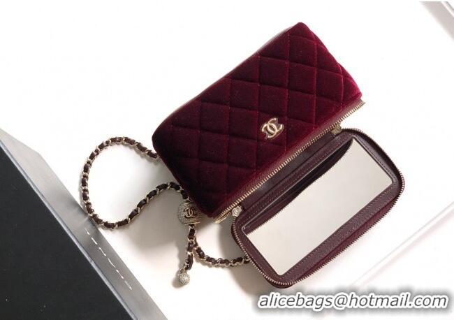 New Luxury Chanel Velvet Vanity Case with Chain and Strass Ball CH101007 Burgundy 2025
