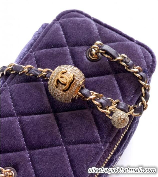Most Popular Chanel Velvet Vanity Case with Chain and Strass Ball CH101007 Purple 2025