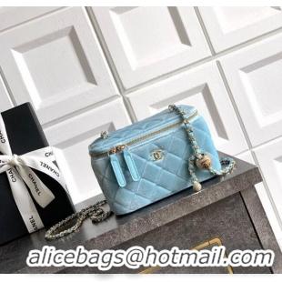 New Product Chanel Velvet Vanity Case with Chain and Strass Ball CH101007 Ice Blue 2025