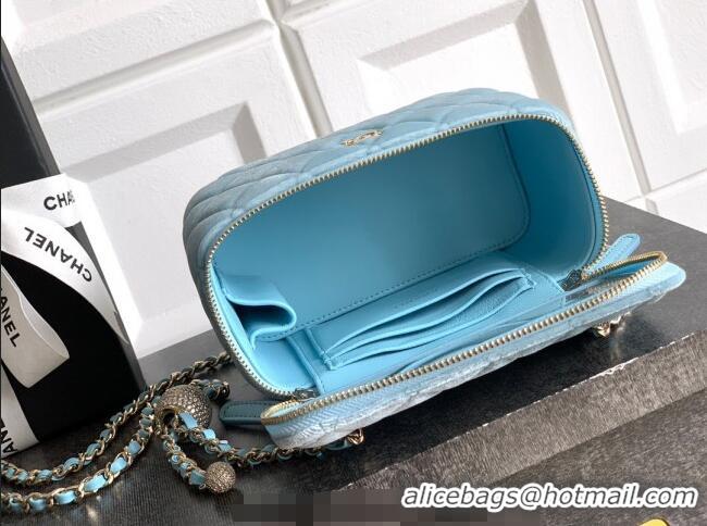 New Product Chanel Velvet Vanity Case with Chain and Strass Ball CH101007 Ice Blue 2025