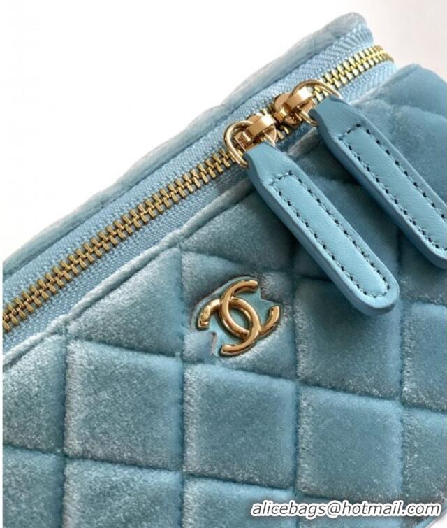 New Product Chanel Velvet Vanity Case with Chain and Strass Ball CH101007 Ice Blue 2025