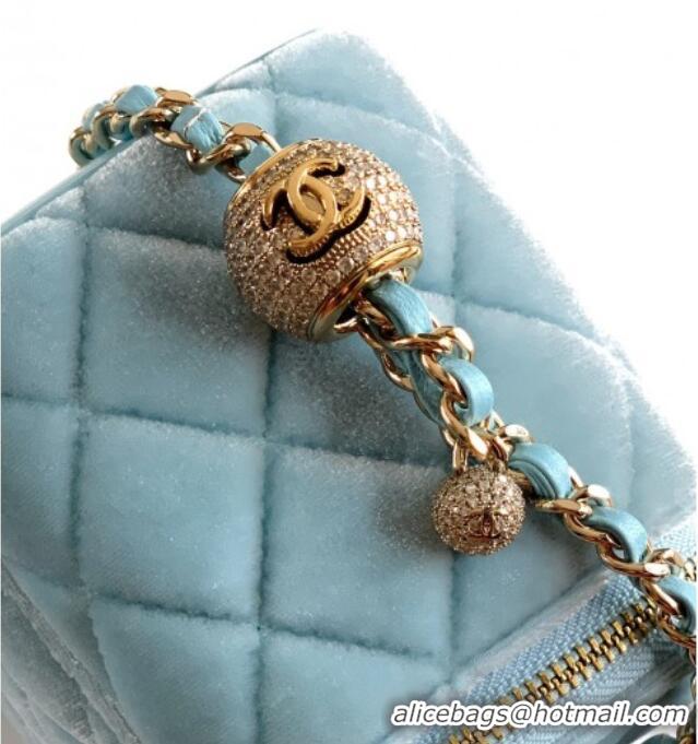 New Product Chanel Velvet Vanity Case with Chain and Strass Ball CH101007 Ice Blue 2025
