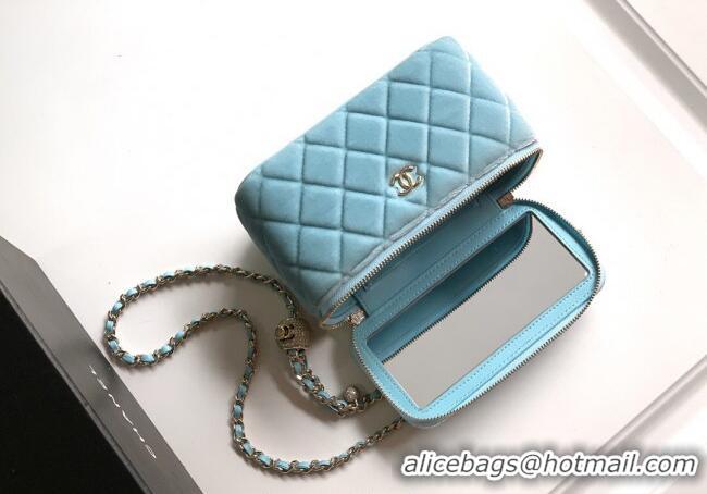 New Product Chanel Velvet Vanity Case with Chain and Strass Ball CH101007 Ice Blue 2025