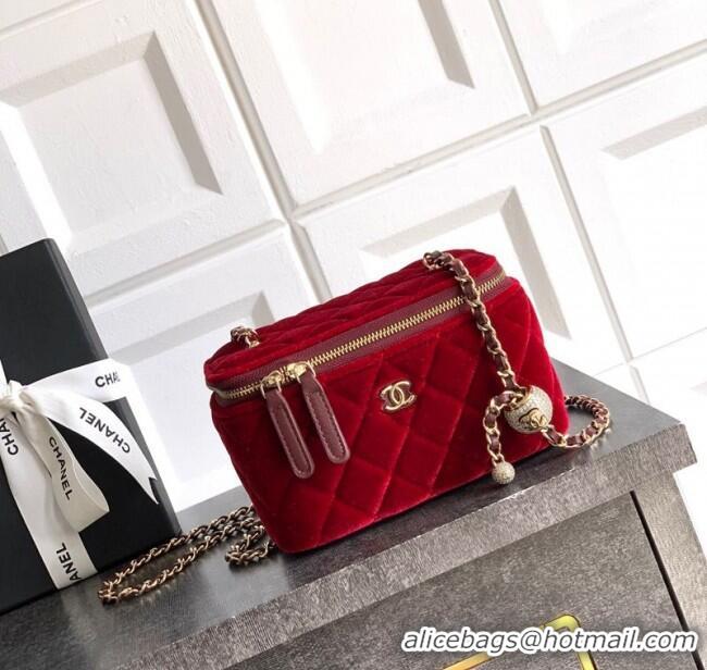 Inexpensive Chanel Velvet Vanity Case with Chain and Strass Ball CH101007 Red 2025