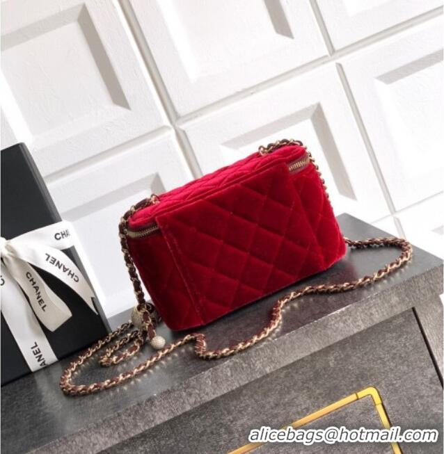 Inexpensive Chanel Velvet Vanity Case with Chain and Strass Ball CH101007 Red 2025