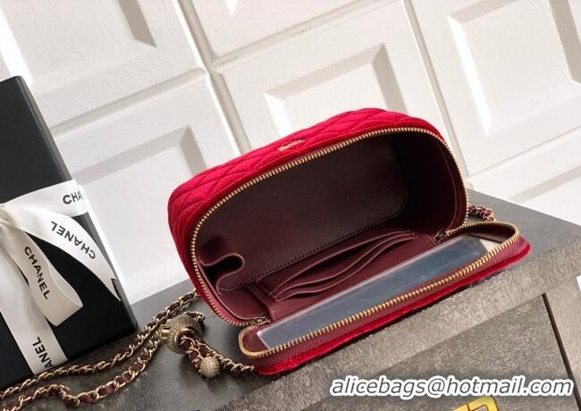 Inexpensive Chanel Velvet Vanity Case with Chain and Strass Ball CH101007 Red 2025